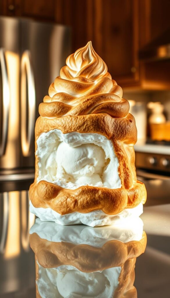 A delectable display of baked Alaska, featuring a towering dome of golden-brown meringue, encasing a frozen core of creamy vanilla ice cream. The dessert rests atop a gleaming, mirrored surface, reflecting the intricate details of the dish. Soft, natural lighting illuminates the dessert, casting gentle shadows that accentuate the texture and curvature of the meringue. The background is a warm, inviting kitchen setting, with subtle hints of rustic wooden accents and polished stainless steel appliances, creating a cozy, homey atmosphere. The overall composition exudes a sense of elegance, inviting the viewer to indulge in this unique and indulgent ice cream creation.