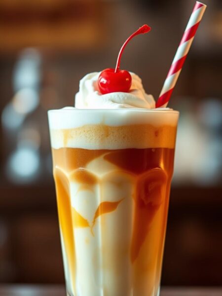 A delectable glass of creamy root beer float, the fizzy amber liquid swirling with a generous scoop of rich, velvety vanilla ice cream. The glass is adorned with a playful straw and a maraschino cherry perched atop, casting a warm, inviting glow under soft, diffused lighting. The overall scene radiates a nostalgic, vintage charm, evoking a sense of childhood delight and the simple pleasures of a timeless summer treat.