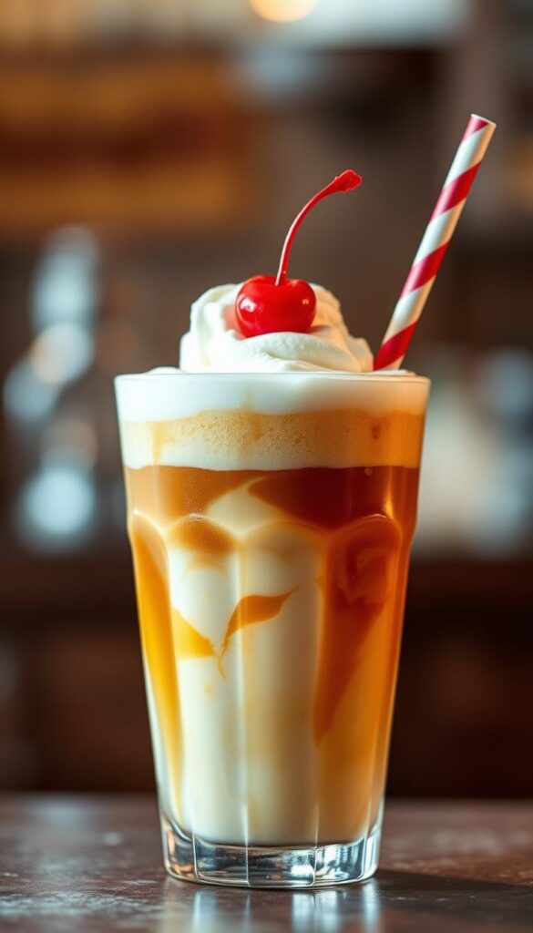 A delectable glass of creamy root beer float, the fizzy amber liquid swirling with a generous scoop of rich, velvety vanilla ice cream. The glass is adorned with a playful straw and a maraschino cherry perched atop, casting a warm, inviting glow under soft, diffused lighting. The overall scene radiates a nostalgic, vintage charm, evoking a sense of childhood delight and the simple pleasures of a timeless summer treat.
