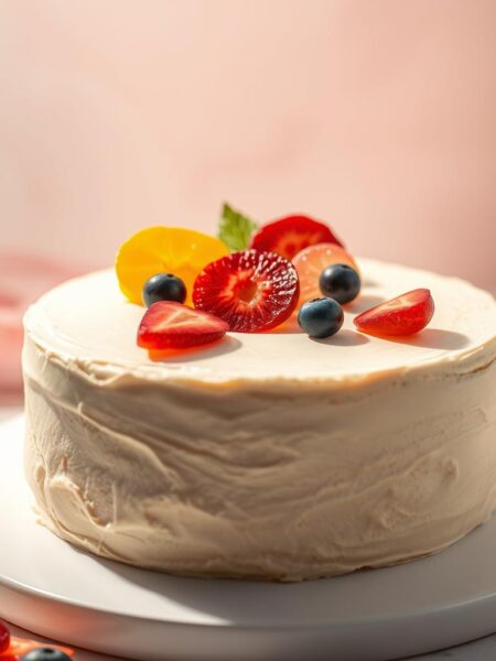 A delectable ice cream cake taking center stage, its surface a smooth, creamy expanse adorned with vibrant, jewel-toned fruit slices artfully arranged. The cake is bathed in soft, warm lighting, casting gentle shadows that accentuate its luscious texture. In the background, a minimalist backdrop of soft, pastel hues provides a serene and elegant setting, allowing the dessert to be the true star of the scene. The overall composition exudes a sense of indulgence and sophistication, capturing the essence of a truly tempting and visually captivating ice cream cake.