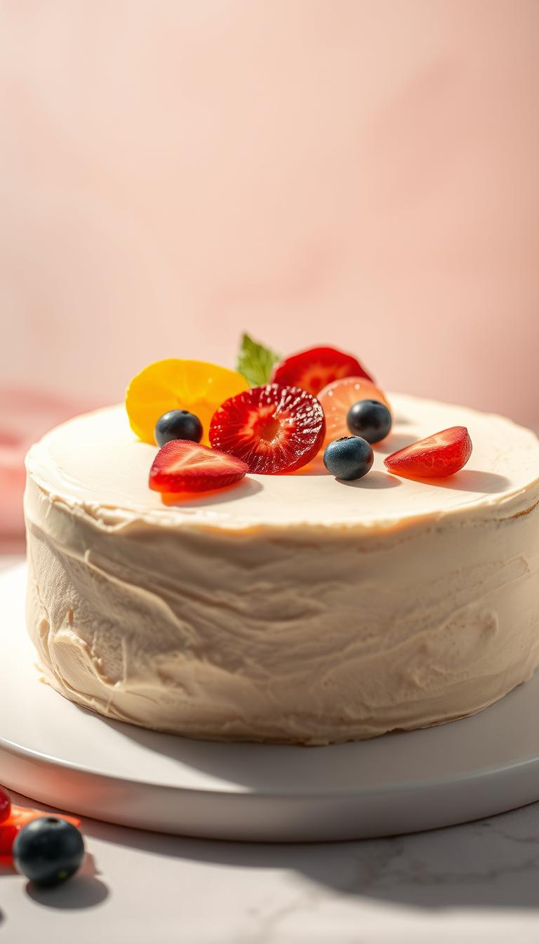 A delectable ice cream cake taking center stage, its surface a smooth, creamy expanse adorned with vibrant, jewel-toned fruit slices artfully arranged. The cake is bathed in soft, warm lighting, casting gentle shadows that accentuate its luscious texture. In the background, a minimalist backdrop of soft, pastel hues provides a serene and elegant setting, allowing the dessert to be the true star of the scene. The overall composition exudes a sense of indulgence and sophistication, capturing the essence of a truly tempting and visually captivating ice cream cake.