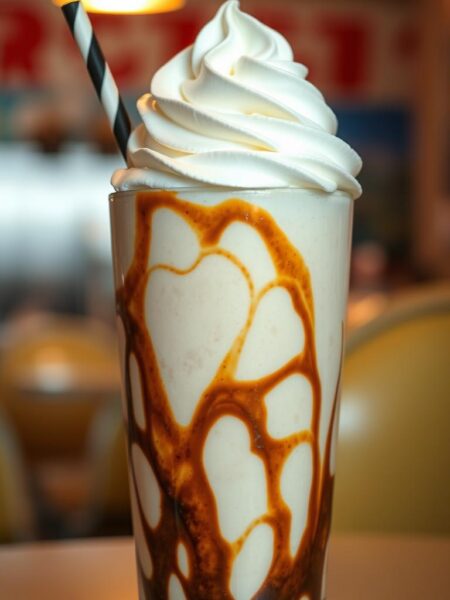 A delectable milkshake composed of rich, creamy vanilla ice cream, swirled with decadent chocolate syrup and topped with a generous dollop of whipped cream. The glass is illuminated by soft, warm lighting, casting a cozy, inviting atmosphere. The milkshake is positioned in the foreground, capturing the viewer's attention, while a blurred background hints at a classic 1950s-style diner setting, complete with retro décor and a few stray sprinkles of chocolate shavings.