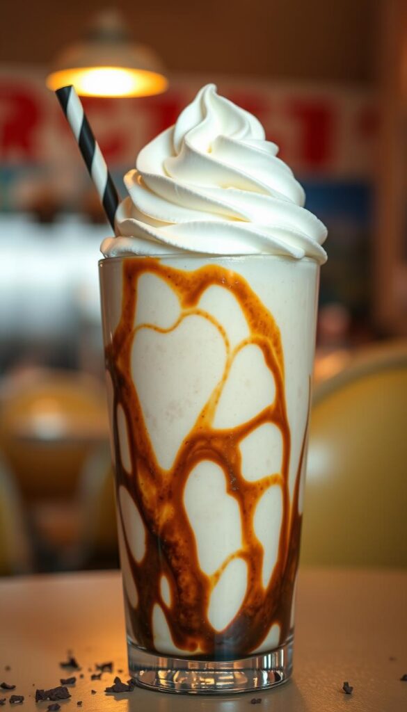 A delectable milkshake composed of rich, creamy vanilla ice cream, swirled with decadent chocolate syrup and topped with a generous dollop of whipped cream. The glass is illuminated by soft, warm lighting, casting a cozy, inviting atmosphere. The milkshake is positioned in the foreground, capturing the viewer's attention, while a blurred background hints at a classic 1950s-style diner setting, complete with retro décor and a few stray sprinkles of chocolate shavings.