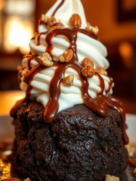 A delectable scoop of rich chocolate brownie, crowned with a generous swirl of creamy vanilla ice cream, drizzled with a warm, gooey fudge topping, and sprinkled with crunchy chopped nuts. The scene is bathed in warm, golden lighting, casting a cozy, inviting atmosphere. The image is captured from a low angle, emphasizing the decadent layers and textures of this indulgent dessert. The shallow depth of field keeps the focus on the star of the show, the Brownie à la Mode, while the background fades into a softly blurred, neutral setting, allowing the sumptuous treat to take center stage.