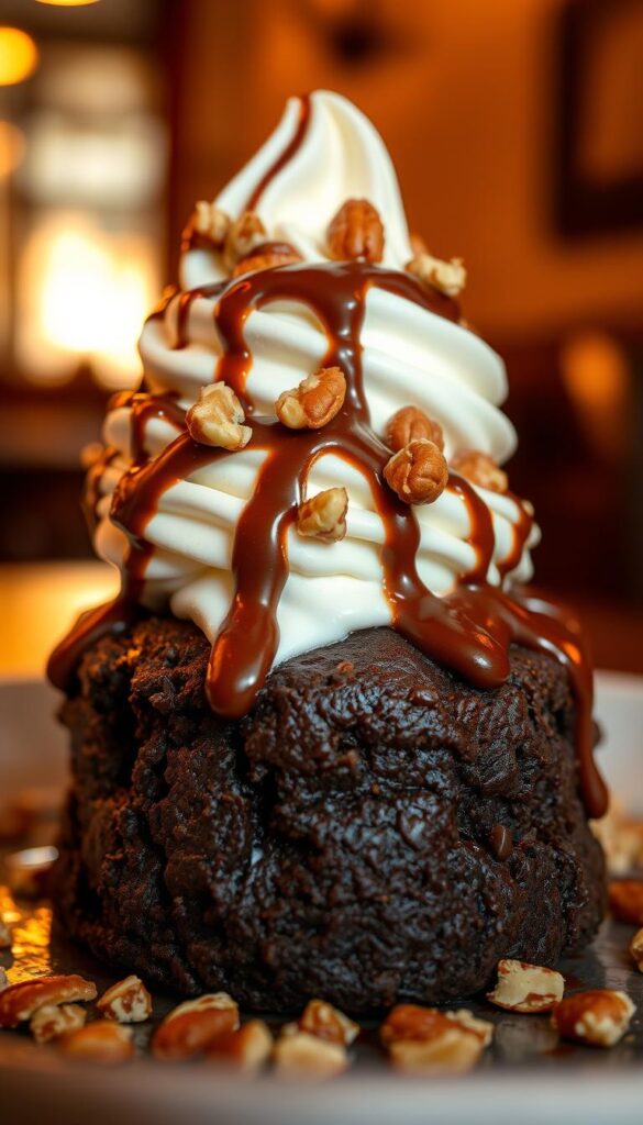 A delectable scoop of rich chocolate brownie, crowned with a generous swirl of creamy vanilla ice cream, drizzled with a warm, gooey fudge topping, and sprinkled with crunchy chopped nuts. The scene is bathed in warm, golden lighting, casting a cozy, inviting atmosphere. The image is captured from a low angle, emphasizing the decadent layers and textures of this indulgent dessert. The shallow depth of field keeps the focus on the star of the show, the Brownie à la Mode, while the background fades into a softly blurred, neutral setting, allowing the sumptuous treat to take center stage.