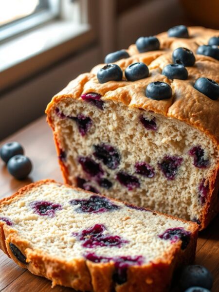 A fresh and mouthwatering loaf of blueberry banana bread, freshly baked and steaming hot, sits on a rustic wooden table. The crusty golden top is dotted with plump, juicy blueberries, their deep indigo hues contrasting beautifully with the pale banana bread. Sliced open, the tender crumb reveals swirls of moist banana and bursts of sweet blueberry throughout. Soft natural lighting from a nearby window casts a warm glow, highlighting the bread's tempting texture. The scene evokes the comforting aroma of cinnamon and vanilla, inviting the viewer to take a bite of this irresistible homemade treat.