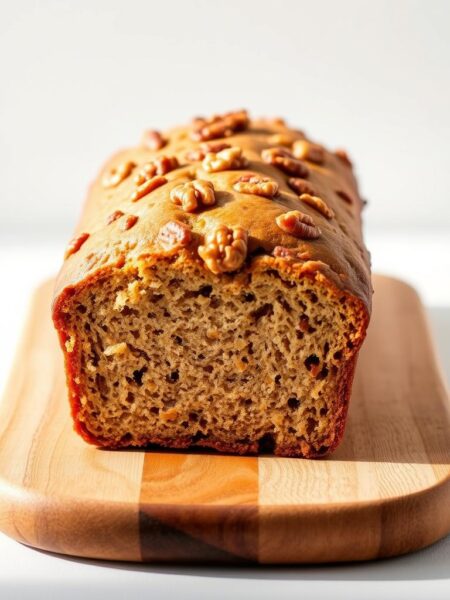 A freshly baked loaf of homemade walnut banana bread, sitting on a wooden cutting board against a clean white backdrop. The bread is moist and golden-brown, with visible chunks of walnuts throughout. The crust has a slight crunch, and the interior is tender and fluffy. Warm, natural lighting from the side casts soft shadows, highlighting the delicate texture and inviting aroma. The composition is centered, allowing the bread to take center stage, with a minimal, uncluttered setting to showcase its artisanal appeal. An appetizing, tempting scene that would perfectly complement the "Walnut Banana Bread" section of the "8 Ultimate Moist Banana Bread Recipes" article.