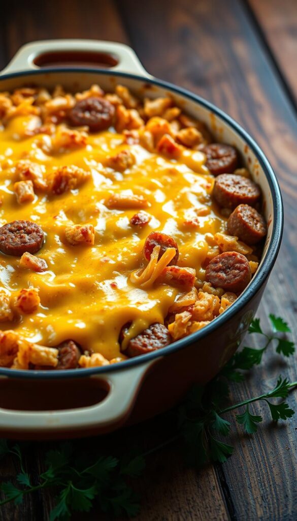 A golden-brown, bubbling casserole dish filled with a delectable blend of tender hashbrowns, savory sausage, and gooey melted cheddar cheese. The dish is illuminated by warm, soft lighting, casting a cozy, inviting atmosphere. The casserole is positioned on a rustic wooden table, surrounded by fresh parsley sprigs and a light dusting of paprika. The camera angle is slightly elevated, capturing the dish in all its cheesy, comforting glory. The overall mood is one of homey, hearty indulgence, perfectly suited to illustrate a section on "Cheesy Hashbrown & Sausage Casserole" in an article about delicious cheesy dinners.
