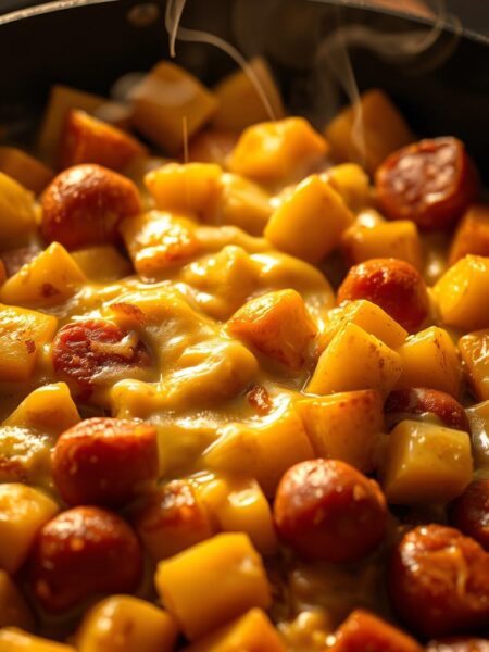 A hearty skillet filled with golden-brown kielbasa sausage, tender cubed potatoes, and a generous layer of melted, bubbling cheese. The sizzling contents are bathed in warm, inviting lighting, casting an appetizing glow. The scene is captured from an angled, close-up perspective, emphasizing the delectable textures and flavors. Wispy wisps of steam rise from the steaming dish, hinting at the irresistible aroma. The overall mood is comforting, homey, and mouthwatering, perfectly complementing the "Cheesy Kielbasa & Potato Skillet" dish.