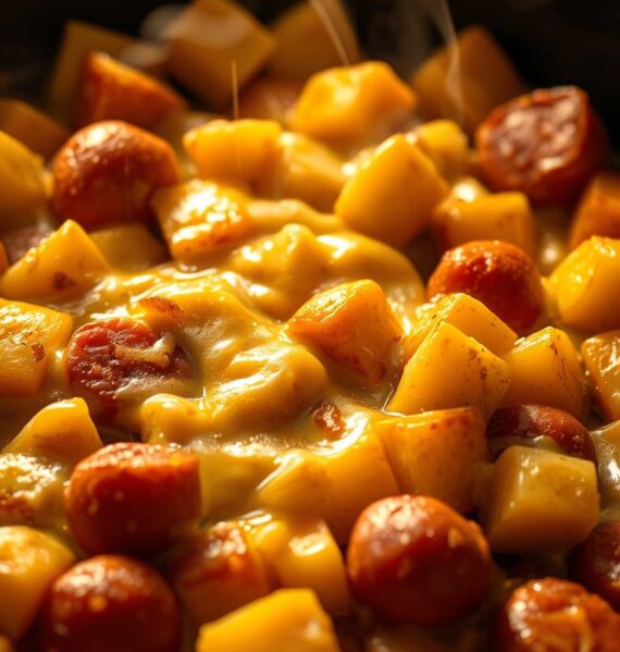 A hearty skillet filled with golden-brown kielbasa sausage, tender cubed potatoes, and a generous layer of melted, bubbling cheese. The sizzling contents are bathed in warm, inviting lighting, casting an appetizing glow. The scene is captured from an angled, close-up perspective, emphasizing the delectable textures and flavors. Wispy wisps of steam rise from the steaming dish, hinting at the irresistible aroma. The overall mood is comforting, homey, and mouthwatering, perfectly complementing the "Cheesy Kielbasa & Potato Skillet" dish.