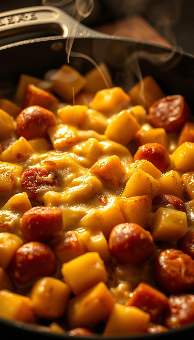 A hearty skillet filled with golden-brown kielbasa sausage, tender cubed potatoes, and a generous layer of melted, bubbling cheese. The sizzling contents are bathed in warm, inviting lighting, casting an appetizing glow. The scene is captured from an angled, close-up perspective, emphasizing the delectable textures and flavors. Wispy wisps of steam rise from the steaming dish, hinting at the irresistible aroma. The overall mood is comforting, homey, and mouthwatering, perfectly complementing the "Cheesy Kielbasa & Potato Skillet" dish.