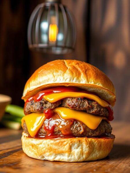A juicy beef patty, grilled to perfection, topped with melted cheddar cheese and tangy barbecue sauce. The bun, a soft, lightly toasted brioche, provides the perfect vessel for this mouthwatering creation. In the foreground, the burger is framed by a crisp, golden-brown exterior, while the middle ground reveals the tender, pink interior of the meat. The background showcases a rustic, wooden surface, complemented by the warm glow of a vintage pendant lamp, creating a cozy, inviting atmosphere. The lighting is soft and natural, accentuating the textures and vibrant colors of the ingredients. Captured from a slightly elevated angle, this "BBQ Cheddar Crack Burger" is a tempting visual feast, sure to ignite the senses and leave the viewer craving a bite.
