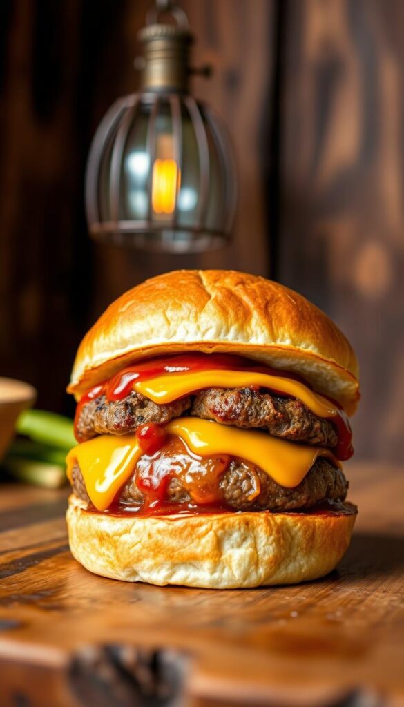 A juicy beef patty, grilled to perfection, topped with melted cheddar cheese and tangy barbecue sauce. The bun, a soft, lightly toasted brioche, provides the perfect vessel for this mouthwatering creation. In the foreground, the burger is framed by a crisp, golden-brown exterior, while the middle ground reveals the tender, pink interior of the meat. The background showcases a rustic, wooden surface, complemented by the warm glow of a vintage pendant lamp, creating a cozy, inviting atmosphere. The lighting is soft and natural, accentuating the textures and vibrant colors of the ingredients. Captured from a slightly elevated angle, this "BBQ Cheddar Crack Burger" is a tempting visual feast, sure to ignite the senses and leave the viewer craving a bite.