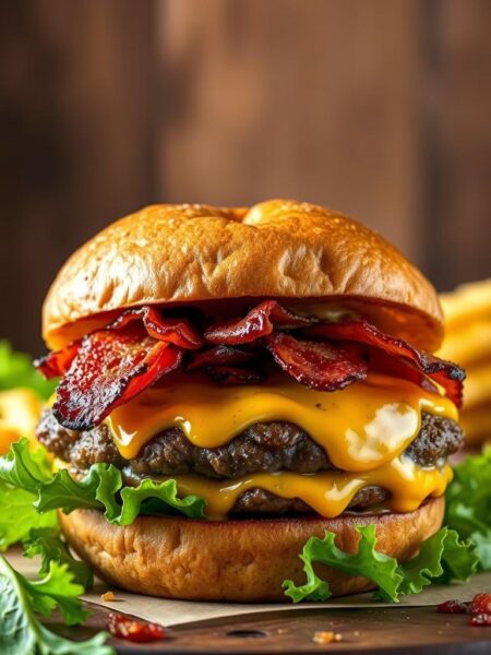 A juicy, gourmet Cheddar Bacon Crack Burger, freshly grilled and oozing with melted cheddar cheese, crispy bacon, and a secret blend of spices. The burger is the centerpiece, framed by a lush, green lettuce leaf and a golden, toasted brioche bun. The lighting is soft and warm, highlighting the enticing textures and flavors. In the background, a rustic wooden surface adds a touch of artisanal charm, while a subtle blur creates a sense of depth and focus on the mouthwatering burger. The overall composition is balanced and inviting, capturing the irresistible essence of this indulgent crack burger creation.