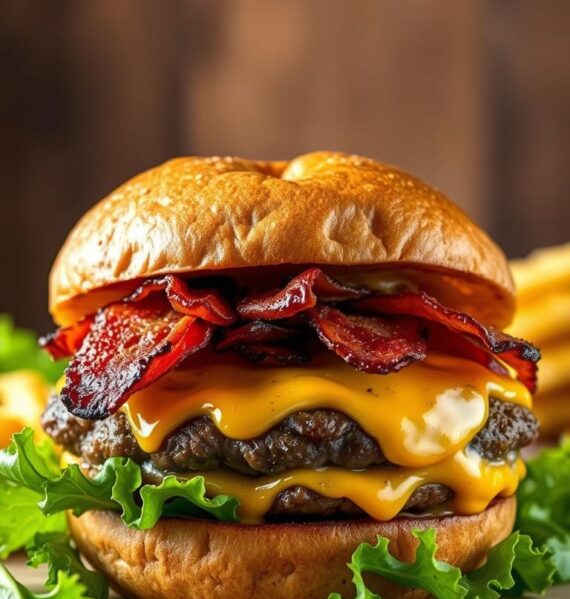 A juicy, gourmet Cheddar Bacon Crack Burger, freshly grilled and oozing with melted cheddar cheese, crispy bacon, and a secret blend of spices. The burger is the centerpiece, framed by a lush, green lettuce leaf and a golden, toasted brioche bun. The lighting is soft and warm, highlighting the enticing textures and flavors. In the background, a rustic wooden surface adds a touch of artisanal charm, while a subtle blur creates a sense of depth and focus on the mouthwatering burger. The overall composition is balanced and inviting, capturing the irresistible essence of this indulgent crack burger creation.