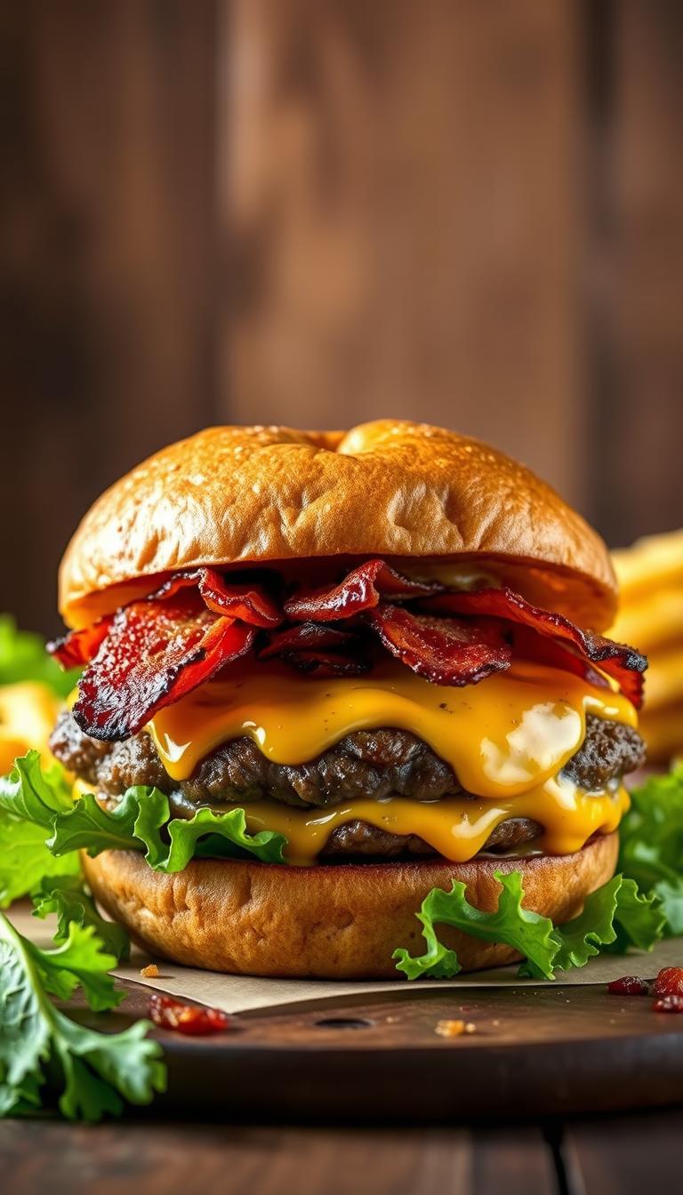 A juicy, gourmet Cheddar Bacon Crack Burger, freshly grilled and oozing with melted cheddar cheese, crispy bacon, and a secret blend of spices. The burger is the centerpiece, framed by a lush, green lettuce leaf and a golden, toasted brioche bun. The lighting is soft and warm, highlighting the enticing textures and flavors. In the background, a rustic wooden surface adds a touch of artisanal charm, while a subtle blur creates a sense of depth and focus on the mouthwatering burger. The overall composition is balanced and inviting, capturing the irresistible essence of this indulgent crack burger creation.