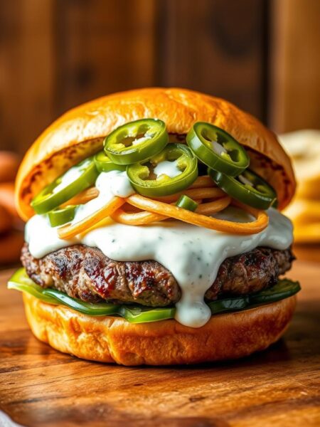 A juicy, grill-seared beef patty nestled between a toasted brioche bun, blanketed in a creamy, tangy ranch dressing and crowned with a tangle of crisp, pickled jalapeño slices. The burger's surface glistens under warm, directional lighting, casting subtle shadows that accentuate its textured layers. The scene is set against a backdrop of wood grain and rustic, earthy tones, evoking a classic American diner ambiance. An enticing, mouthwatering composition that captures the essence of the "Ranch Jalapeño Crack Burger" in all its indulgent, flavor-packed glory.