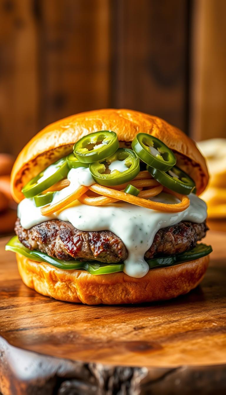 A juicy, grill-seared beef patty nestled between a toasted brioche bun, blanketed in a creamy, tangy ranch dressing and crowned with a tangle of crisp, pickled jalapeño slices. The burger's surface glistens under warm, directional lighting, casting subtle shadows that accentuate its textured layers. The scene is set against a backdrop of wood grain and rustic, earthy tones, evoking a classic American diner ambiance. An enticing, mouthwatering composition that captures the essence of the "Ranch Jalapeño Crack Burger" in all its indulgent, flavor-packed glory.