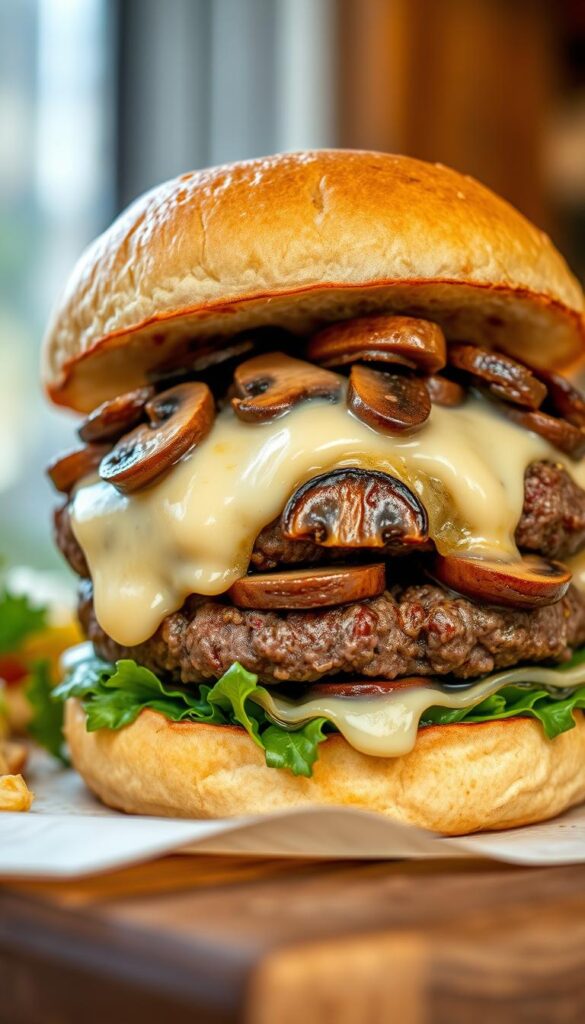 A large, juicy beef burger patty sits atop a bed of sautéed mushrooms and melted Swiss cheese, all nestled between a toasted brioche bun. The burger is illuminated by warm, natural lighting, casting a soft, inviting glow. The crisp edges of the patty contrast with the creamy, gooey cheese, and the mushrooms add an earthy, savory flavor. The scene is captured from a slight high angle, emphasizing the burger's towering, indulgent appearance. The background is blurred, keeping the focus on the mouthwatering Mushroom Swiss Crack Burger in the foreground.