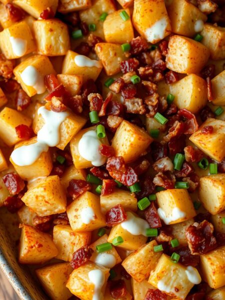 A large, rustic baking dish filled with golden-brown, crispy-edged potatoes, smothered in a creamy, cheesy sauce infused with the smoky, savory aroma of crumbled bacon. The potatoes are cubed and roasted to perfection, their fluffy interiors contrasting with the crunchy exterior. A drizzle of cool, tangy ranch dressing adds a refreshing balance to the rich, indulgent dish. Bright chives and a dusting of paprika provide a vibrant pop of color and subtle seasoning. The scene is bathed in warm, soft lighting, lending an inviting, homey atmosphere, beckoning the viewer to dig in and savor every bite of this comforting, decadent masterpiece.