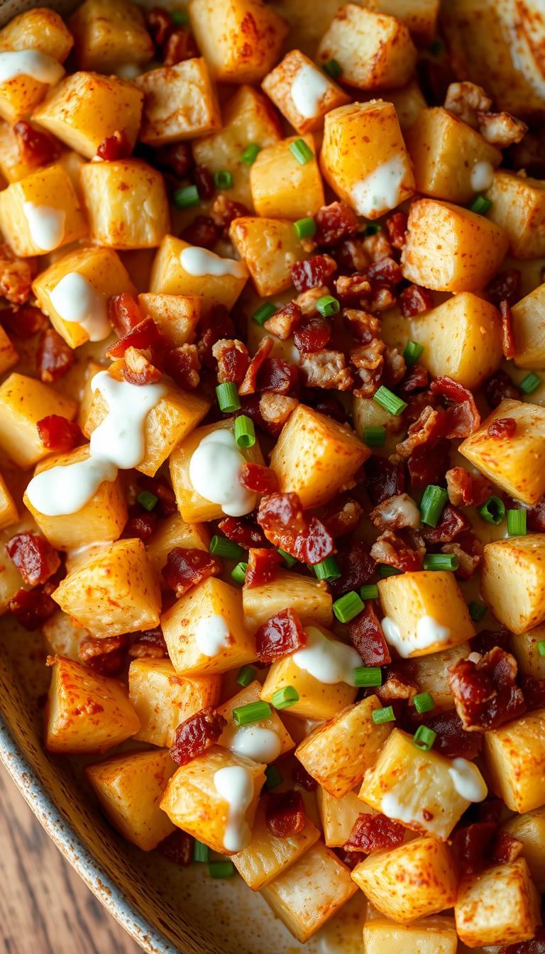 A large, rustic baking dish filled with golden-brown, crispy-edged potatoes, smothered in a creamy, cheesy sauce infused with the smoky, savory aroma of crumbled bacon. The potatoes are cubed and roasted to perfection, their fluffy interiors contrasting with the crunchy exterior. A drizzle of cool, tangy ranch dressing adds a refreshing balance to the rich, indulgent dish. Bright chives and a dusting of paprika provide a vibrant pop of color and subtle seasoning. The scene is bathed in warm, soft lighting, lending an inviting, homey atmosphere, beckoning the viewer to dig in and savor every bite of this comforting, decadent masterpiece.