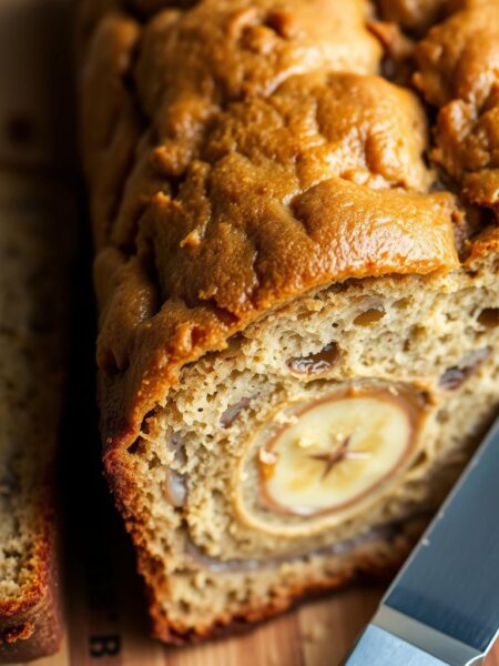 A mouthwatering close-up of a freshly baked peanut butter banana bread, its golden-brown crust glistening under soft, natural lighting. The bread's surface is studded with visible chunks of ripe banana and ribbons of creamy peanut butter that swirl through the dense, moist crumb. In the background, a wooden cutting board provides a rustic, homemade setting, while a knife rests nearby, ready to slice into the tempting loaf. The composition is framed to showcase the appetizing texture and inviting aroma of this indulgent quick bread, perfectly capturing the essence of the "Peanut Butter Banana Bread" recipe.