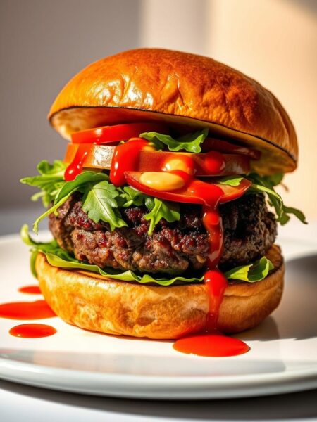 A perfectly grilled, juicy burger bun, lightly toasted and glistening with a generous drizzle of vibrant red sriracha sauce. The patty, made from freshly ground beef, is cooked to a delectable medium-rare doneness, its edges slightly charred. Toppings of crisp, peppery arugula leaves, sliced tomatoes, and a tangy, creamy sriracha-infused mayonnaise create a harmonious balance of flavors. Served on a pristine white background, with warm, directional lighting that highlights the burger's textures and colors, creating a mouthwatering, appetizing scene.