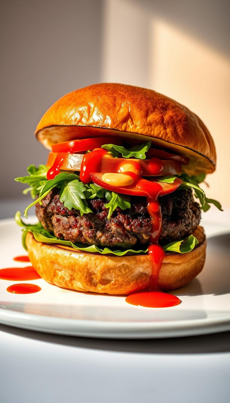 A perfectly grilled, juicy burger bun, lightly toasted and glistening with a generous drizzle of vibrant red sriracha sauce. The patty, made from freshly ground beef, is cooked to a delectable medium-rare doneness, its edges slightly charred. Toppings of crisp, peppery arugula leaves, sliced tomatoes, and a tangy, creamy sriracha-infused mayonnaise create a harmonious balance of flavors. Served on a pristine white background, with warm, directional lighting that highlights the burger's textures and colors, creating a mouthwatering, appetizing scene.