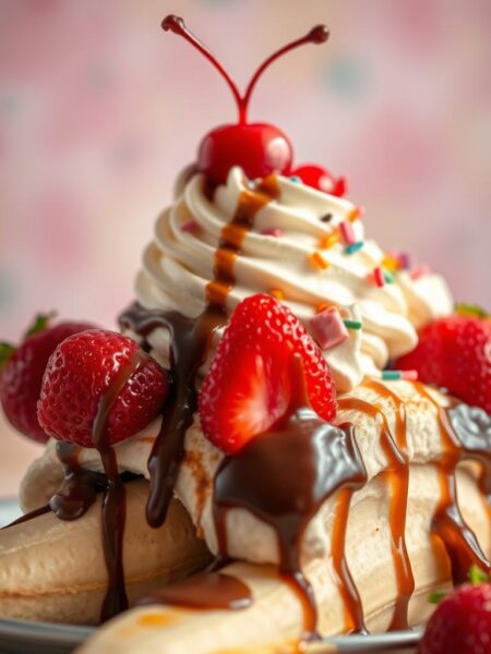 A vibrant, mouth-watering display of a classic banana split dessert, captured in a soft, inviting lighting. In the foreground, a luscious scoop of creamy vanilla ice cream sits atop a split banana, drizzled with rich chocolate and caramel sauces. Vibrant red strawberries and fluffy whipped cream adorn the sides, while colorful sprinkles and a maraschino cherry provide the finishing touches. The background is a pastel-hued, softly blurred setting, creating a cozy, indulgent atmosphere. Captured with a shallow depth of field, the focus is drawn to the delectable details of this timeless ice cream treat.