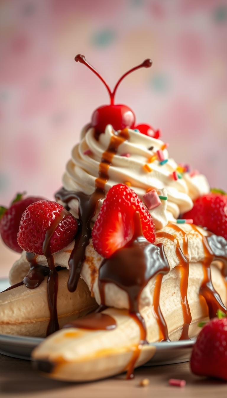 A vibrant, mouth-watering display of a classic banana split dessert, captured in a soft, inviting lighting. In the foreground, a luscious scoop of creamy vanilla ice cream sits atop a split banana, drizzled with rich chocolate and caramel sauces. Vibrant red strawberries and fluffy whipped cream adorn the sides, while colorful sprinkles and a maraschino cherry provide the finishing touches. The background is a pastel-hued, softly blurred setting, creating a cozy, indulgent atmosphere. Captured with a shallow depth of field, the focus is drawn to the delectable details of this timeless ice cream treat.