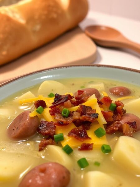 A warm, cozy bowl of homemade loaded potato and sausage soup. In the foreground, thick slices of russet potatoes and juicy Italian sausage, swimming in a creamy, cheesy broth. The middle ground features melted cheddar cheese, crispy bacon bits, and a sprinkling of fresh chives. In the background, a softly lit kitchen counter, with a crusty bread loaf and a wooden spoon, hinting at the comforting, hearty meal. Soft, diffused lighting casts a inviting glow, creating a welcoming, comforting atmosphere. The overall scene evokes a sense of indulgence and satisfaction, perfect for a cozy dinner on a chilly evening.