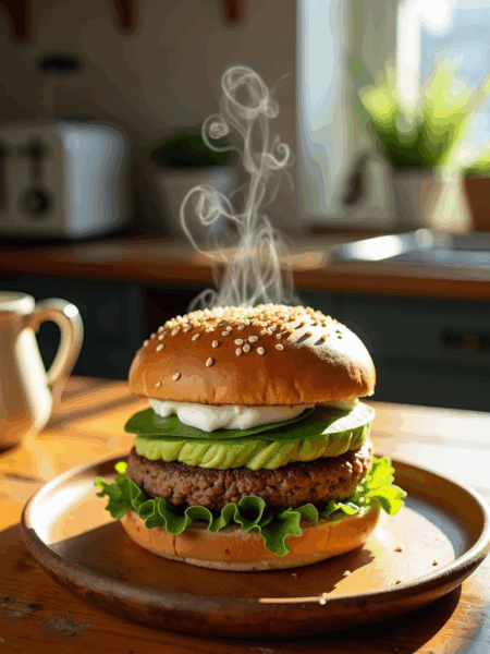 Steaming hot burger on a wooden plate, layered with lettuce, avocado slices, spinach, and creamy sauce inside a sesame seed bun, sitting on a sunlit kitchen table.