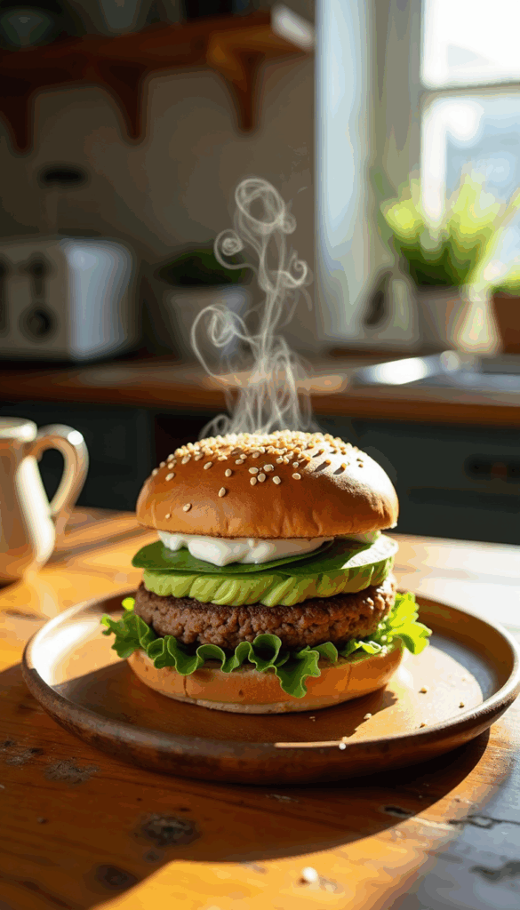 Steaming hot burger on a wooden plate, layered with lettuce, avocado slices, spinach, and creamy sauce inside a sesame seed bun, sitting on a sunlit kitchen table.