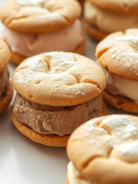 Freshly baked ice cream sandwiches, with a golden brown exterior and a rich, creamy interior. The artisanal cookies, perfectly crisp and lightly dusted with powdered sugar, frame a generous scoop of velvety ice cream in an array of flavors - chocolate, vanilla, strawberry, or perhaps a unique seasonal offering. The scene is bathed in warm, natural lighting, highlighting the inviting textures and enticing colors of this decadent dessert. A shallow depth of field draws the viewer's focus to the star of the show, while a clean, minimalist background allows the ice cream sandwiches to shine. This mouthwatering display captures the essence of a delightful, homemade ice cream sandwich - the perfect treat to savor and enjoy.