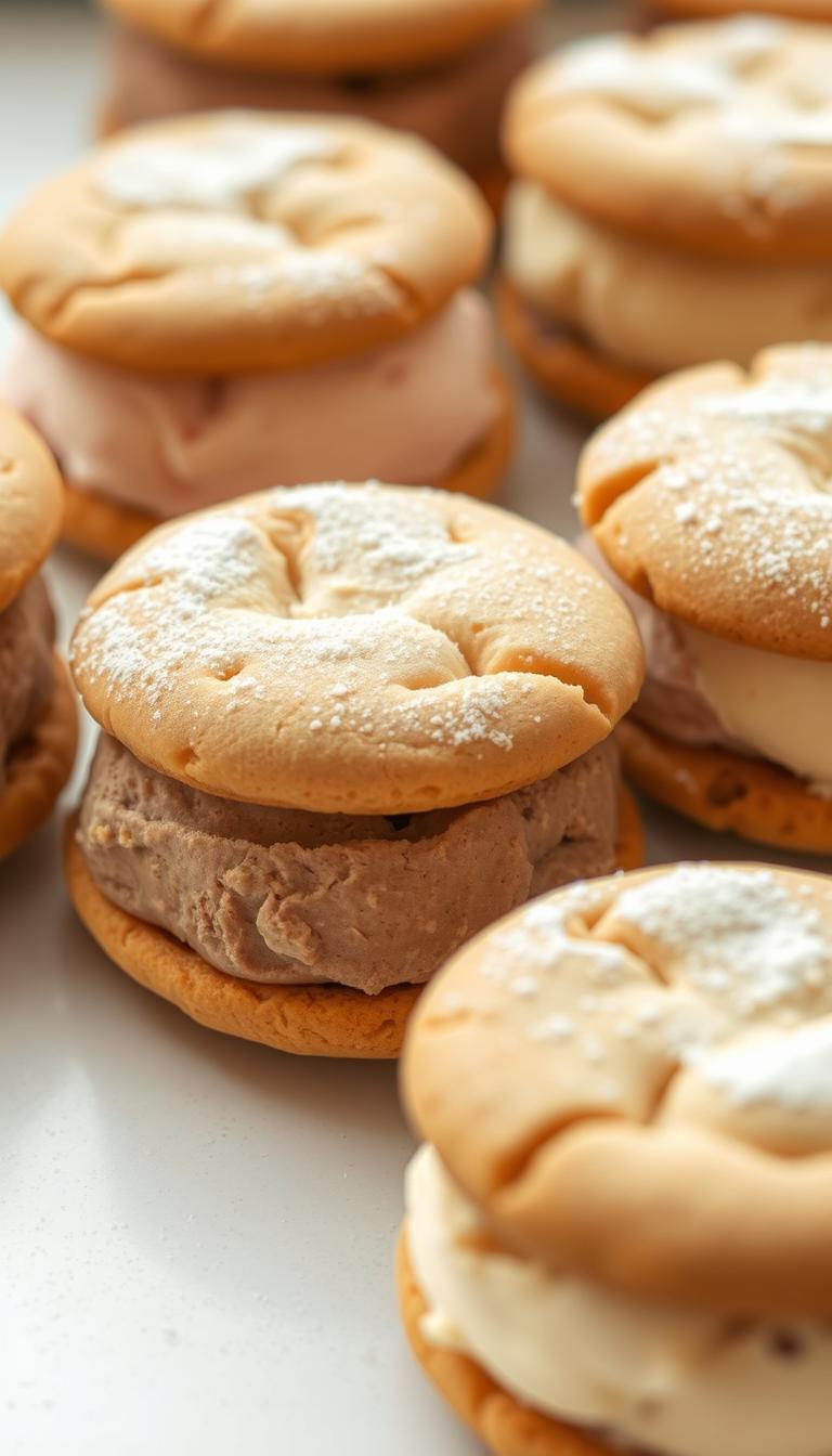 Freshly baked ice cream sandwiches, with a golden brown exterior and a rich, creamy interior. The artisanal cookies, perfectly crisp and lightly dusted with powdered sugar, frame a generous scoop of velvety ice cream in an array of flavors - chocolate, vanilla, strawberry, or perhaps a unique seasonal offering. The scene is bathed in warm, natural lighting, highlighting the inviting textures and enticing colors of this decadent dessert. A shallow depth of field draws the viewer's focus to the star of the show, while a clean, minimalist background allows the ice cream sandwiches to shine. This mouthwatering display captures the essence of a delightful, homemade ice cream sandwich - the perfect treat to savor and enjoy.