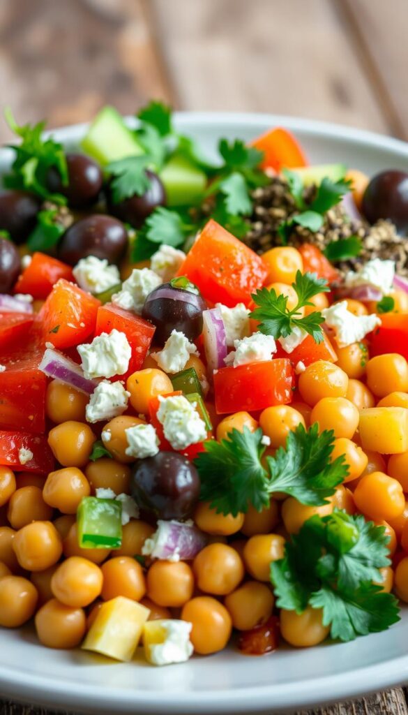 A Greek-inspired chickpea salad with vibrant colors and a fresh, Mediterranean vibe. In the foreground, a generous portion of cooked chickpeas, tossed with diced tomatoes, cucumber, red onion, and crumbled feta cheese. Drizzle of a tangy lemon-herb vinaigrette coats the salad. In the middle ground, a scattering of Kalamata olives, fresh parsley, and a sprinkle of dried oregano. The background features a textured, neutral backdrop, like a wooden table or rustic tile, to allow the salad to take center stage. Natural lighting casts a warm, appetizing glow over the scene. Captured with a macro lens to emphasize the fresh, delectable ingredients.