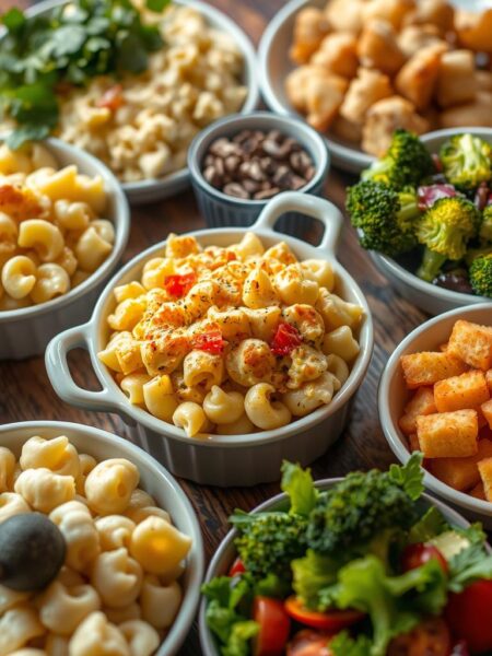A beautifully arranged spread of classic crowd-pleasing side dishes, including a luscious, creamy baked macaroni and cheese as the centerpiece. The macaroni is perfectly cooked, topped with a golden-brown cheese crust, and surrounded by complementary sides such as roasted garlic-infused mashed potatoes, buttery steamed broccoli florets, and a vibrant, fresh garden salad. The lighting is soft and warm, casting a comforting glow over the scene, inviting the viewer to indulge in this mouthwatering culinary delight. The composition is visually appealing, with the dishes expertly arranged on a rustic wooden table, creating a sense of homely, family-style dining.