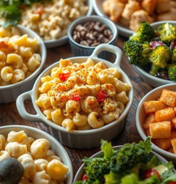 A beautifully arranged spread of classic crowd-pleasing side dishes, including a luscious, creamy baked macaroni and cheese as the centerpiece. The macaroni is perfectly cooked, topped with a golden-brown cheese crust, and surrounded by complementary sides such as roasted garlic-infused mashed potatoes, buttery steamed broccoli florets, and a vibrant, fresh garden salad. The lighting is soft and warm, casting a comforting glow over the scene, inviting the viewer to indulge in this mouthwatering culinary delight. The composition is visually appealing, with the dishes expertly arranged on a rustic wooden table, creating a sense of homely, family-style dining.