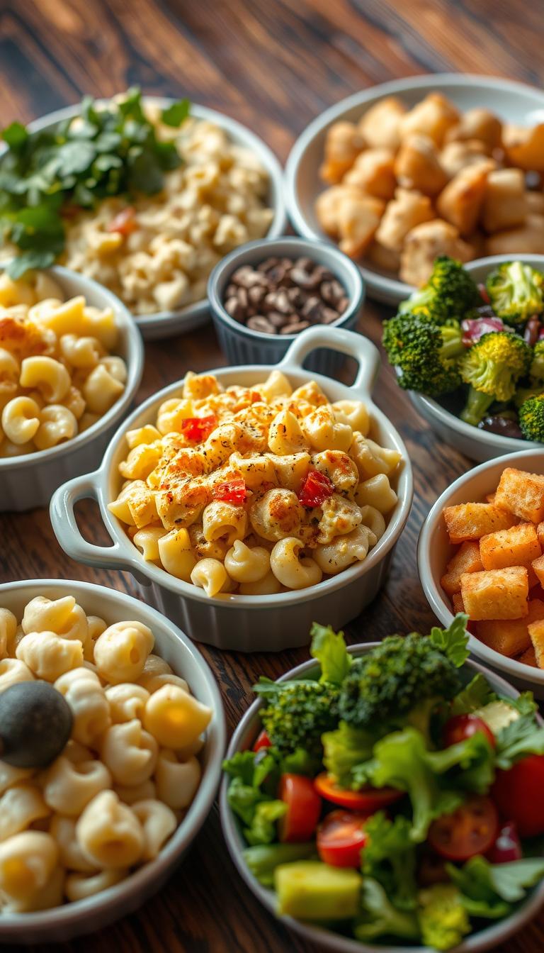 A beautifully arranged spread of classic crowd-pleasing side dishes, including a luscious, creamy baked macaroni and cheese as the centerpiece. The macaroni is perfectly cooked, topped with a golden-brown cheese crust, and surrounded by complementary sides such as roasted garlic-infused mashed potatoes, buttery steamed broccoli florets, and a vibrant, fresh garden salad. The lighting is soft and warm, casting a comforting glow over the scene, inviting the viewer to indulge in this mouthwatering culinary delight. The composition is visually appealing, with the dishes expertly arranged on a rustic wooden table, creating a sense of homely, family-style dining.