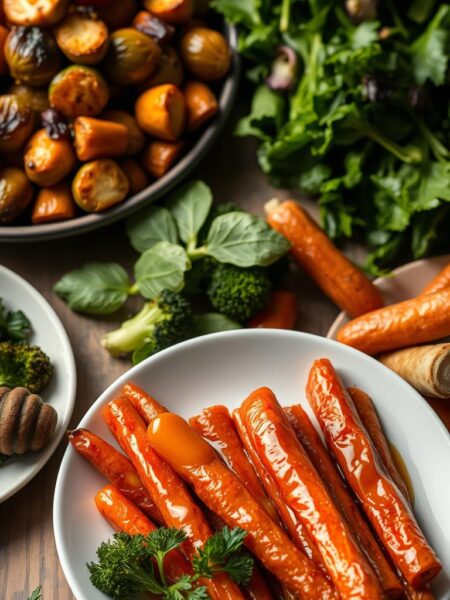 A beautifully lit, high-resolution image of a plate of honey glazed carrots, arranged artfully against a backdrop of other healthy side dish recipes. The carrots should have a rich, caramelized glaze, their vibrant orange hue contrasting with the deep greens of accompanying leafy vegetables. The lighting should create a warm, inviting atmosphere, with soft shadows and highlights accentuating the textures and colors. The composition should be visually appealing, with the carrots taking center stage, surrounded by complementary dishes like roasted Brussels sprouts, steamed broccoli, and fresh green salad. The overall scene should convey a sense of nourishment and wholesome goodness, making the viewer eager to try these delicious and nutritious side dish recipes.