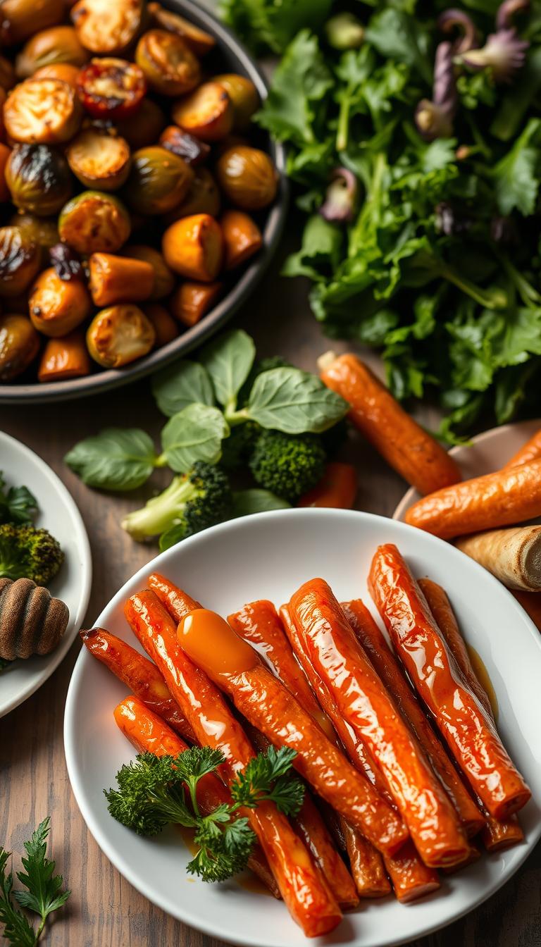 A beautifully lit, high-resolution image of a plate of honey glazed carrots, arranged artfully against a backdrop of other healthy side dish recipes. The carrots should have a rich, caramelized glaze, their vibrant orange hue contrasting with the deep greens of accompanying leafy vegetables. The lighting should create a warm, inviting atmosphere, with soft shadows and highlights accentuating the textures and colors. The composition should be visually appealing, with the carrots taking center stage, surrounded by complementary dishes like roasted Brussels sprouts, steamed broccoli, and fresh green salad. The overall scene should convey a sense of nourishment and wholesome goodness, making the viewer eager to try these delicious and nutritious side dish recipes.