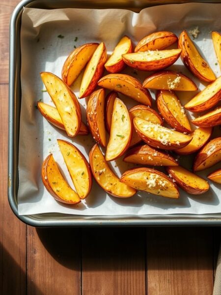 A beautifully lit overhead shot of a baking tray filled with freshly roasted golden-brown Parmesan-crusted potato wedges, arranged in a visually appealing manner. The potatoes are lightly seasoned with garlic, herbs, and a sprinkling of Parmesan cheese, creating a mouthwatering appetizing appearance. The tray is placed on a rustic wooden surface, with a clean, minimalist background that allows the delicious-looking side dish to be the focal point. Soft, diffused natural lighting casts gentle shadows, enhancing the texture and depth of the roasted potatoes. An inviting, appetizing scene that perfectly captures the essence of the "Roasted Parmesan Potatoes" section of the "9 Easy Side Dishes" article.