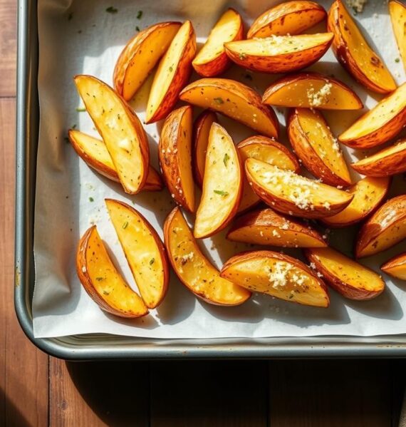 A beautifully lit overhead shot of a baking tray filled with freshly roasted golden-brown Parmesan-crusted potato wedges, arranged in a visually appealing manner. The potatoes are lightly seasoned with garlic, herbs, and a sprinkling of Parmesan cheese, creating a mouthwatering appetizing appearance. The tray is placed on a rustic wooden surface, with a clean, minimalist background that allows the delicious-looking side dish to be the focal point. Soft, diffused natural lighting casts gentle shadows, enhancing the texture and depth of the roasted potatoes. An inviting, appetizing scene that perfectly captures the essence of the "Roasted Parmesan Potatoes" section of the "9 Easy Side Dishes" article.
