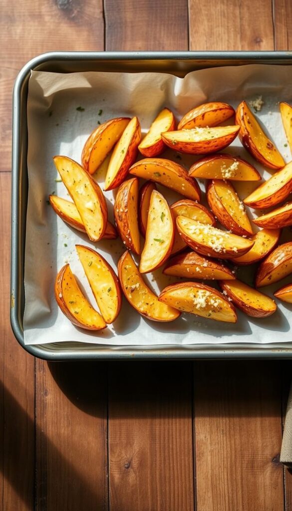 A beautifully lit overhead shot of a baking tray filled with freshly roasted golden-brown Parmesan-crusted potato wedges, arranged in a visually appealing manner. The potatoes are lightly seasoned with garlic, herbs, and a sprinkling of Parmesan cheese, creating a mouthwatering appetizing appearance. The tray is placed on a rustic wooden surface, with a clean, minimalist background that allows the delicious-looking side dish to be the focal point. Soft, diffused natural lighting casts gentle shadows, enhancing the texture and depth of the roasted potatoes. An inviting, appetizing scene that perfectly captures the essence of the "Roasted Parmesan Potatoes" section of the "9 Easy Side Dishes" article.