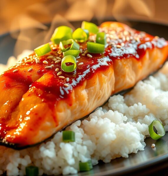 A beautifully plated air-fried teriyaki salmon fillet, glistening with a caramelized glaze, rests on a bed of fluffy white rice. The salmon's flaky, tender flesh is complemented by a vibrant garnish of fresh green onions and sesame seeds, creating a visually striking and appetizing dish. Warm, golden-brown lighting casts a soft glow, illuminating the salmon's delicate textures and the steam rising from the plate. The scene is captured from a slightly elevated angle, showcasing the dish's presentation in an inviting and mouthwatering manner.