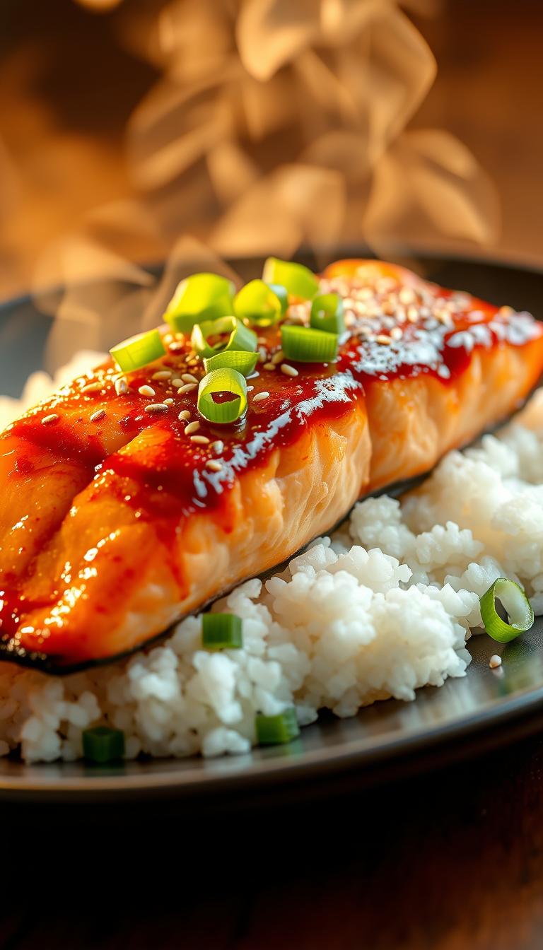 A beautifully plated air-fried teriyaki salmon fillet, glistening with a caramelized glaze, rests on a bed of fluffy white rice. The salmon's flaky, tender flesh is complemented by a vibrant garnish of fresh green onions and sesame seeds, creating a visually striking and appetizing dish. Warm, golden-brown lighting casts a soft glow, illuminating the salmon's delicate textures and the steam rising from the plate. The scene is captured from a slightly elevated angle, showcasing the dish's presentation in an inviting and mouthwatering manner.