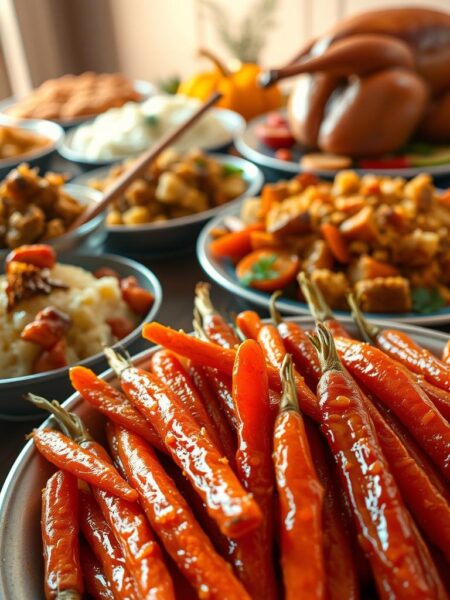 A bountiful feast of Thanksgiving recipes, presented with a warm, festive glow. In the foreground, a platter of perfectly glazed carrots, their vibrant orange hue accented by a glistening honey-butter glaze. In the middle ground, an array of complementary dishes - fluffy mashed potatoes, savory stuffing, and a golden-brown roasted turkey. The background is softly lit, evoking a cozy, inviting atmosphere, with hints of autumn leaves and seasonal decor. The scene is captured with a wide-angle lens, emphasizing the abundance and variety of the Thanksgiving spread. The overall mood is one of comfort, nostalgia, and the joy of gathering around the table for a cherished holiday meal.