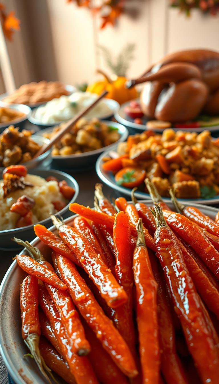 A bountiful feast of Thanksgiving recipes, presented with a warm, festive glow. In the foreground, a platter of perfectly glazed carrots, their vibrant orange hue accented by a glistening honey-butter glaze. In the middle ground, an array of complementary dishes - fluffy mashed potatoes, savory stuffing, and a golden-brown roasted turkey. The background is softly lit, evoking a cozy, inviting atmosphere, with hints of autumn leaves and seasonal decor. The scene is captured with a wide-angle lens, emphasizing the abundance and variety of the Thanksgiving spread. The overall mood is one of comfort, nostalgia, and the joy of gathering around the table for a cherished holiday meal.