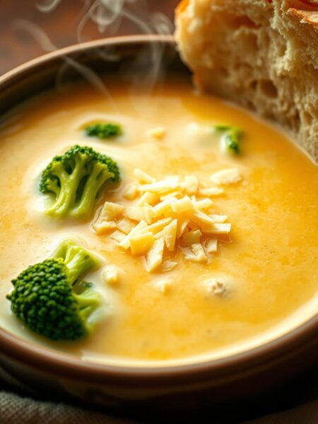 A bowl of creamy, golden-hued broccoli cheddar soup, with vibrant green broccoli florets gently simmering in a rich, velvety broth. The steam rises gracefully, adding a cozy, comforting atmosphere. The soup is garnished with freshly grated sharp cheddar cheese, creating a mouthwatering contrast of textures and flavors. The scene is captured in a warm, natural lighting, highlighting the soup's inviting appearance. A crisp, crusty bread roll is positioned alongside the bowl, ready to be dipped and savored. The overall composition evokes the comforting, homemade quality of the iconic Panera Bread broccoli cheddar soup, recreated with precision and attention to detail.