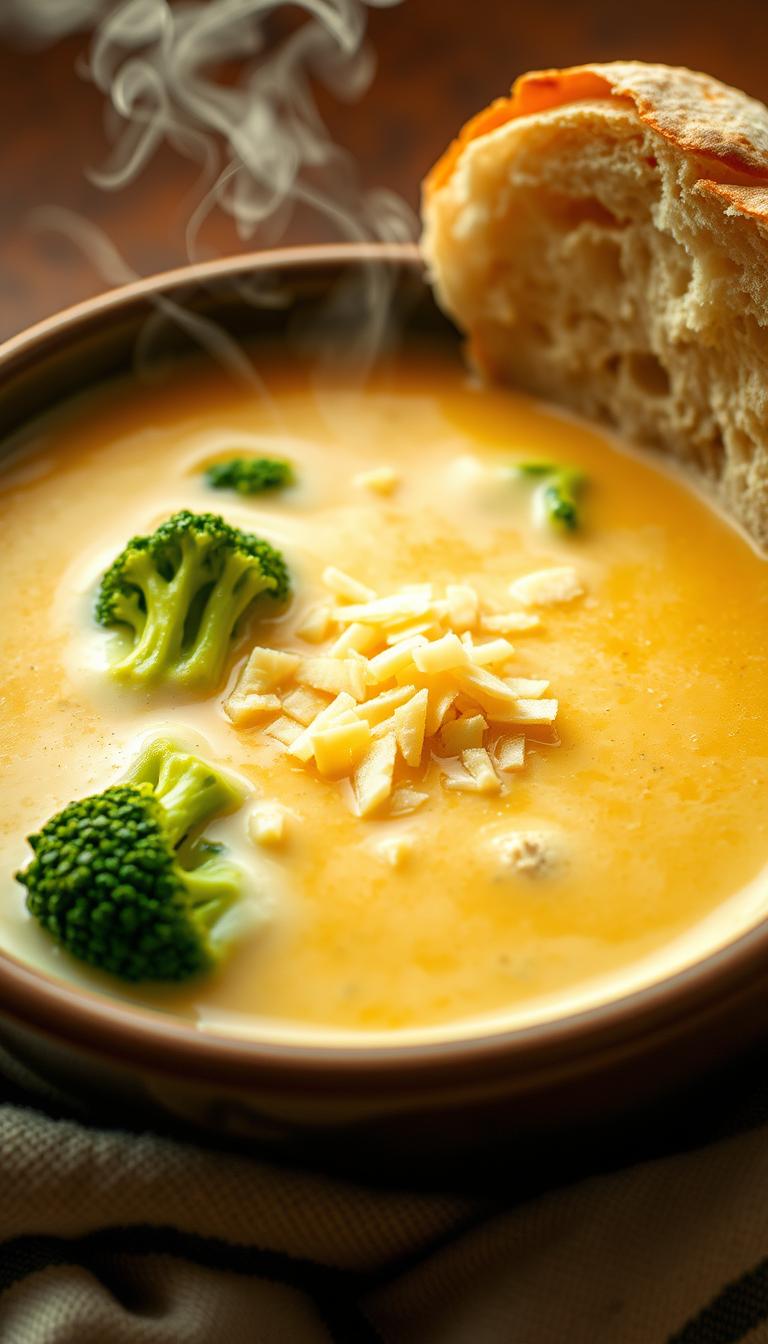 A bowl of creamy, golden-hued broccoli cheddar soup, with vibrant green broccoli florets gently simmering in a rich, velvety broth. The steam rises gracefully, adding a cozy, comforting atmosphere. The soup is garnished with freshly grated sharp cheddar cheese, creating a mouthwatering contrast of textures and flavors. The scene is captured in a warm, natural lighting, highlighting the soup's inviting appearance. A crisp, crusty bread roll is positioned alongside the bowl, ready to be dipped and savored. The overall composition evokes the comforting, homemade quality of the iconic Panera Bread broccoli cheddar soup, recreated with precision and attention to detail.